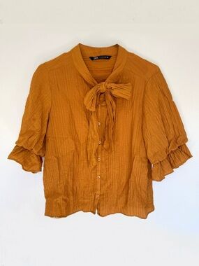 Zara Puff Sleeve Button Up Blouse with Bow